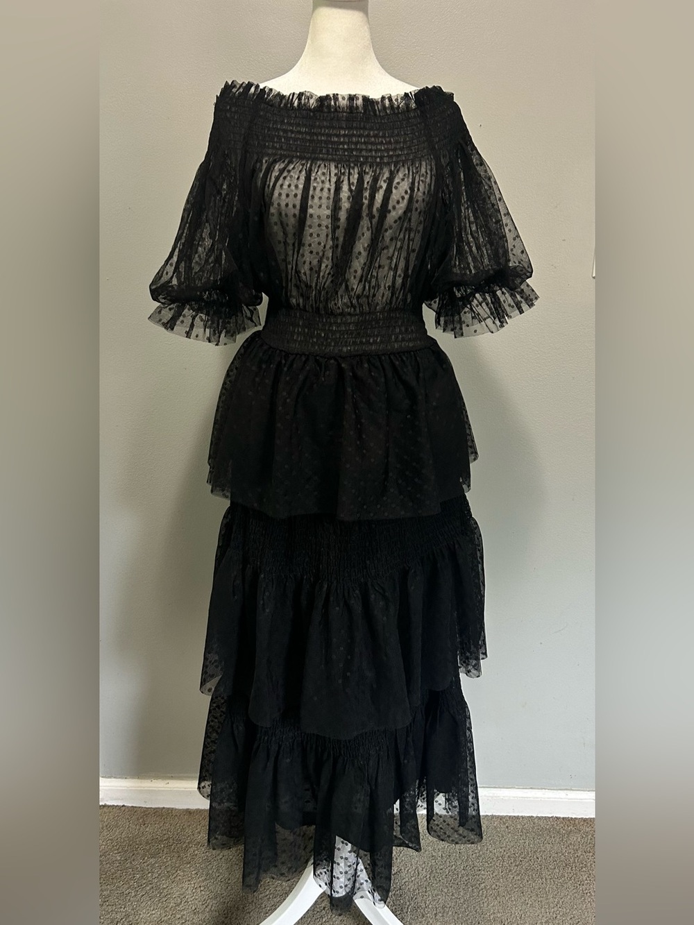 CQbyCQ Off-Shoulder Black Tiered Mesh Maxi Dress Don’t Kiss & Tell Whimsigoth